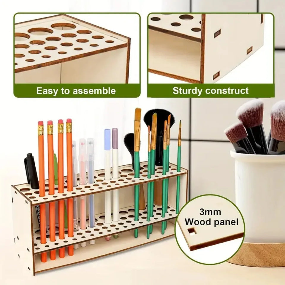 67-Slot Premium Wooden Brush Holder - Durable Artist Desk Organizer, Pencil & Paint Brushes Storage, Elegant Art & Craft Supplies