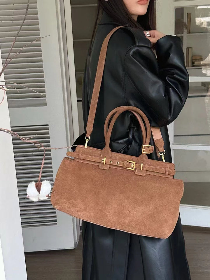 Winter Matte Coffee Camel Grey Large Tote Russian Style Real Suede Cow Leather Women Handbag Nubuck Commuter Office Shoulder Bag