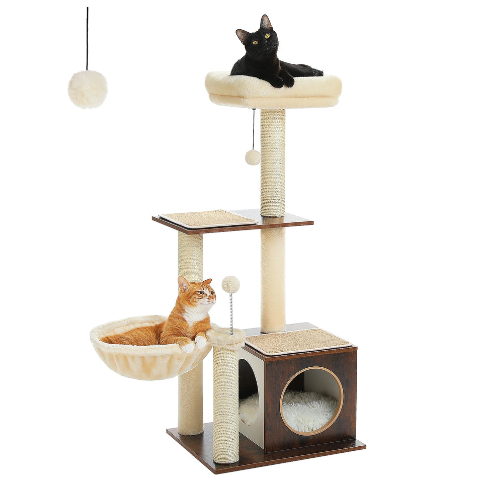 Modern Cat Tree for Indoor Cats Multi-Level Wood Cat Tower with Cozy Condo Hammock Sisal Scratching Posts Kitten House Cat Toys