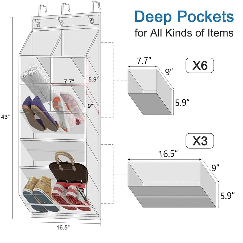 Multi-pockets Wall Storage Bag Large Over Door Hanging Shoe Organiser Behind Doors with 4 Metal Hooks Shoes Rack Storage Bags