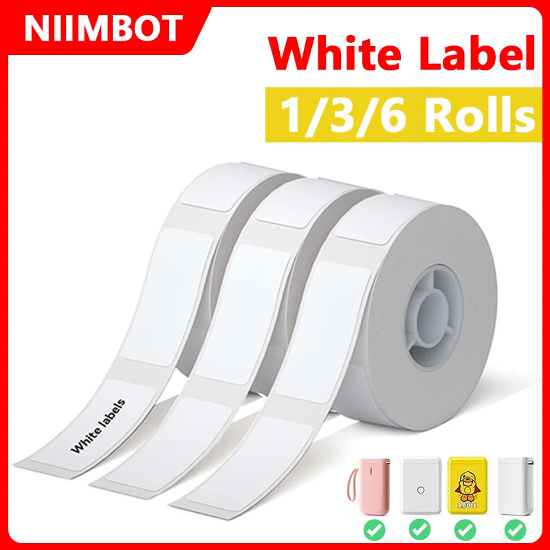 Niimbot 1/3/6 Rolls White Label Waterproof Adhesive Sticker Anti-Oil Paper For B1 B21 Mini Portable Thermal Printer Label Maker