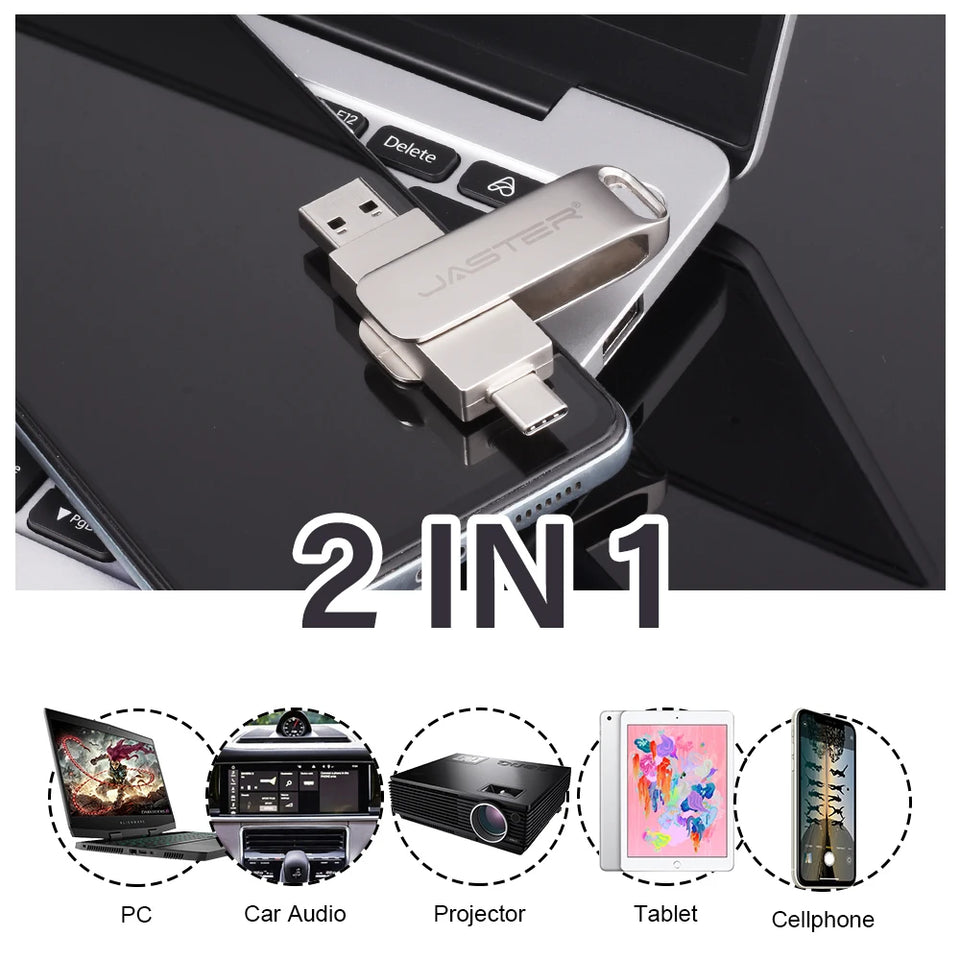 JASTER Metal USB TYPE-C 2 IN 1 Pen Drives 16GB silvery Flash Drive 64GB Commercial Affairs Gifts Memory Stick 4GB 8GB 32G U Disk