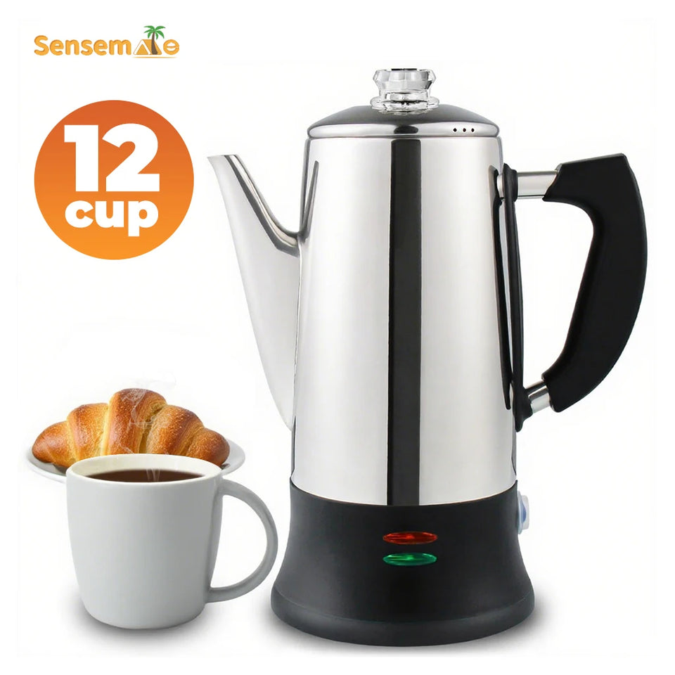 Electric Percolator 1.8L 12Cup Italian Coffee Maker Stainless Steel Quick Heating Reusable Filter Basket Fast Brew Home Office