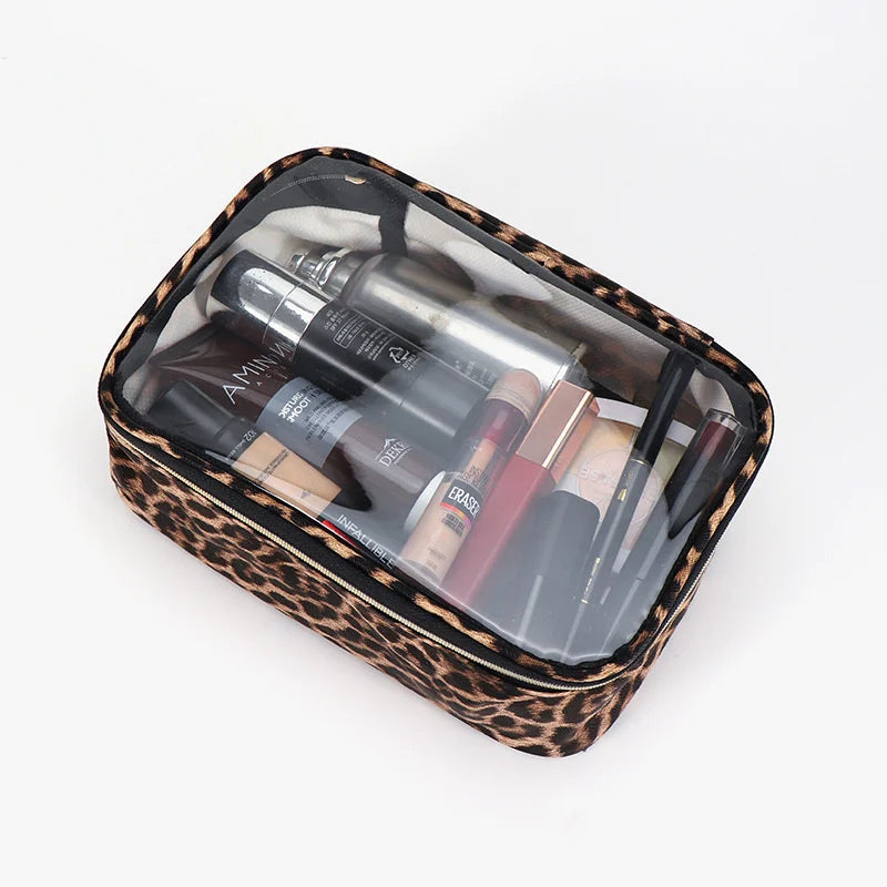 Waterproof Large Capacity Leopard Print Clear Makeup Bag Portable Travel Toiletries Storage Cosmetic Organizer with Zipper