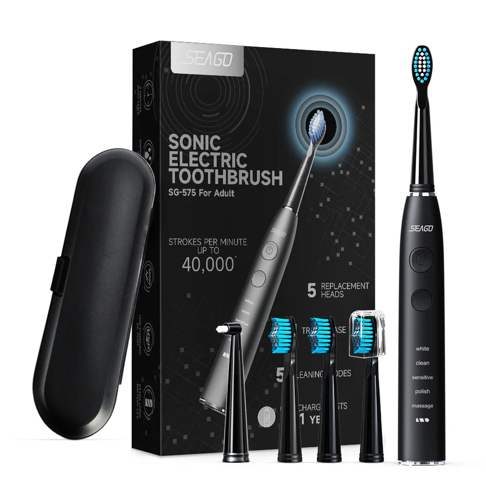 Seago Electric Toothbrush Sonic Toothbrush Once Charge Last about 300 Days 5 Modes 5 Toothbrush Heads 1 Travel Box Teeth Clean