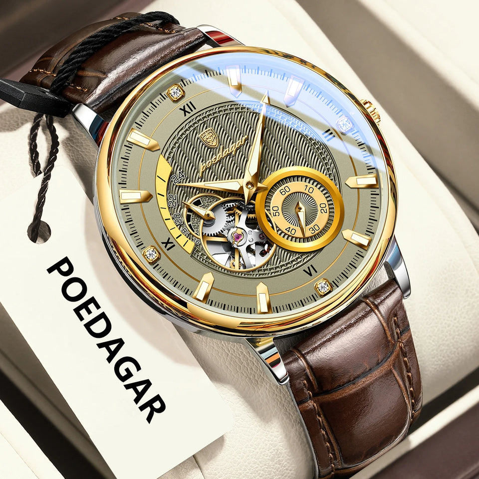 POEDAGAR Fashion Business Men Watch Waterproof Luminous Hollow Tourbillon Male Clock Automatic Mechanical Leather Men's Watches