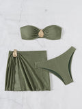 Sexy Bandeau Bikini Women Coffee Metal Water Droplet Ornament Push Up Mesh Skirt 3 Piece Swimsuit Beach Bathing Suit Swimwear