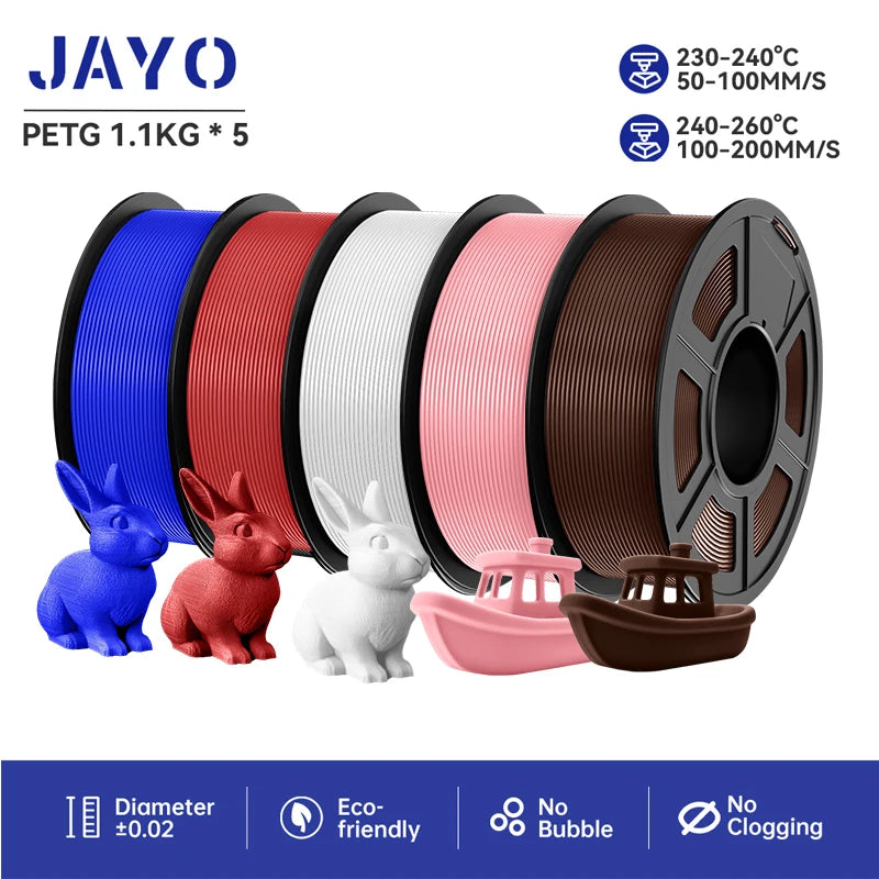 JAYO filaments petg 5Rolls Mixed colors 3D Printer Filament 1.75mm 100% No Bubble FDM 3D Printer Materials DIY Gift 1.1KG/1rolls