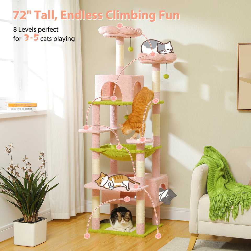 Multi-Level Cat Tree Tower with Scratching Posts&Board, Hammock, Cat Condo, Spacious Top Perch,Dangling Balls for Indoor Cats