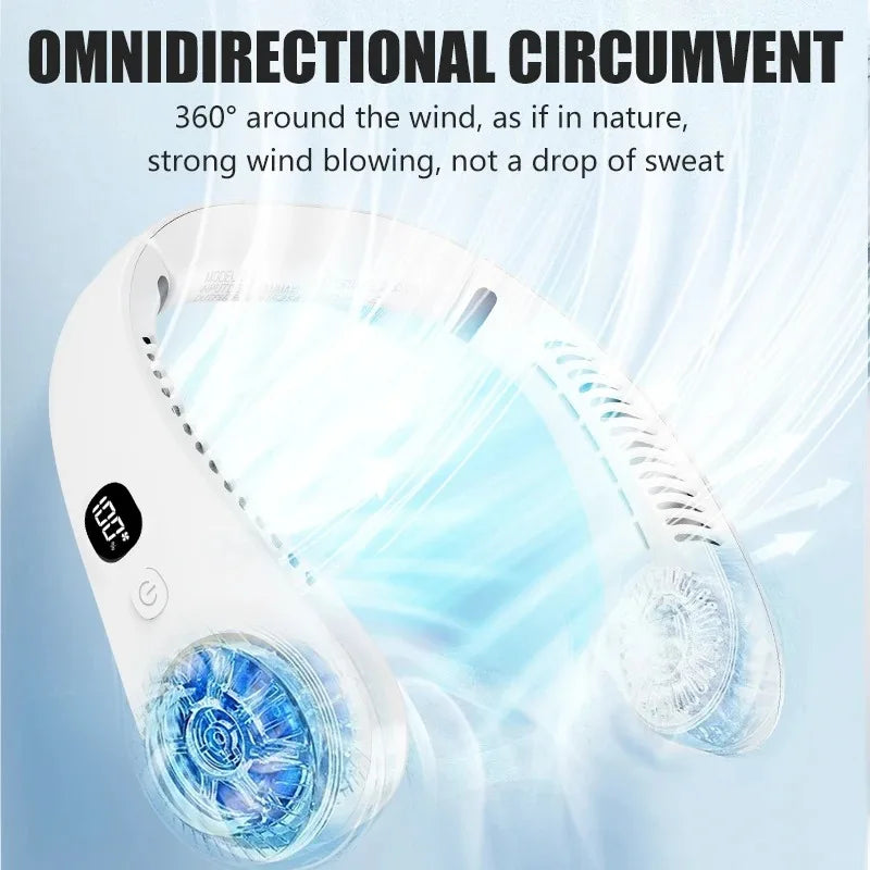 Mini Fan Silent Neck Hanging Fan Usb Portable Bladeless Rechargeable Led Digital Display Electric Air Cooler Summer Sports Fan
