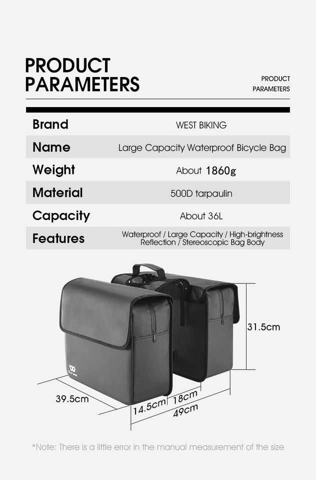WEST BIKING Bicycle Bag 36L Multifunctional Saddle Bag Waterproof MTB Bike Rack Bag Travel 2 In 1 Big Capacity Bicycle Rear Bag