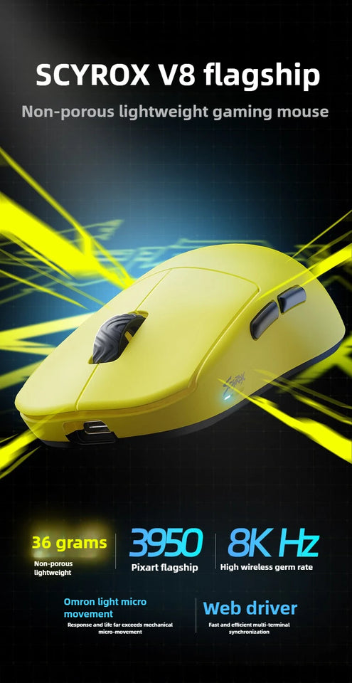 [IN STOCK ] SCYROX V8 8K Wired And Wireless Ultra-Lightweight 36g Gaming Mouse Ergonomics PAW3950 E-Sports Mice PC Gamer Accy