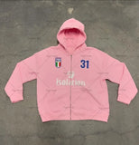 2025 Trendy Hip-hop Street Trend Brand Clothing Punk Style Letter Print Zipper Hoodie Men Pink Casual Retro Oversized Sweatshirt