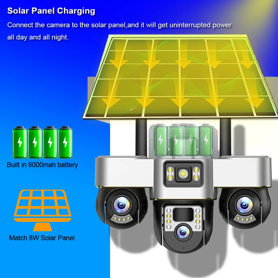 V380 Pro Solar Camera 3 Lens WiFi Security Cameras Outdoor Smart Home Solaire Power PTZ IP 15MP Night Vision CCTV Surveillance