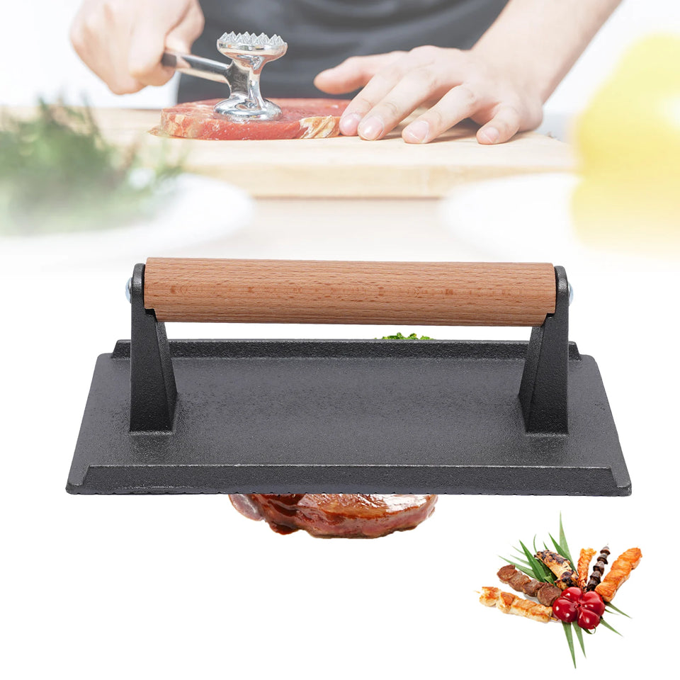 Kitchen Heavy Cast Flat Iron Steak Weight/Bacon Press with Wooden Handle Heavy-Weight Grill Press Commercial Grade Burger