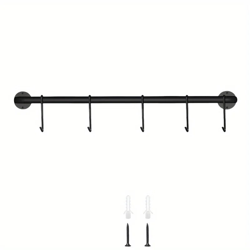 1/2 Set of Wall-Mounted Coffee Cup Holder, Modern Metal with 5/10 Cup Hooks, Rustic Utensil Tea Cup Storage Rack for Kitchen, Dining Room, Coffee Bar, Black