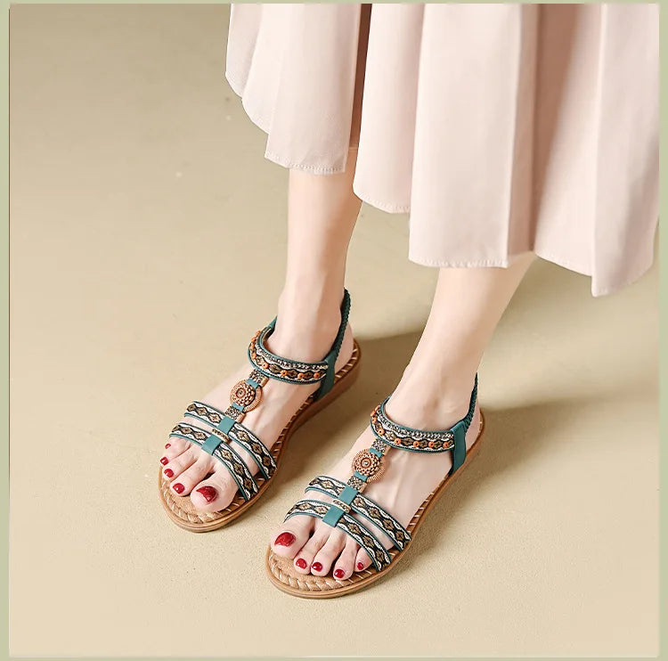 Women's sandals summer bohemian one line elegant slimming anti slip comfortable daily vacation flat beach shoes