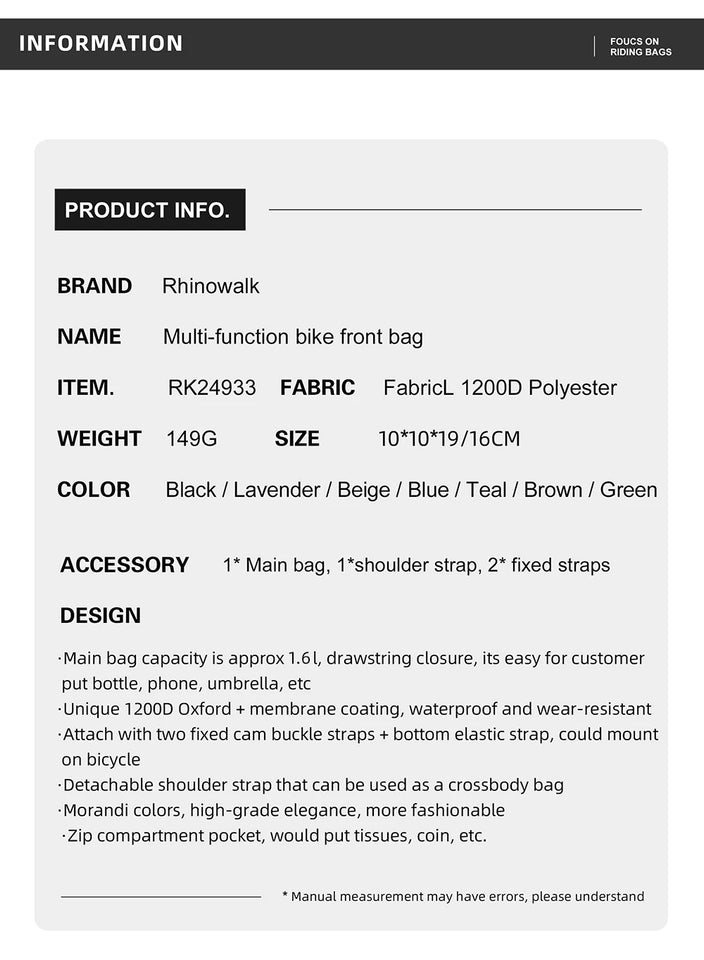 Rhinowalk Bicycle Handlebar Bag 1.6L Insulated Water Bottle Bag Cycling Front Tube Bag Commuting Morandi Color Shoulder Pack
