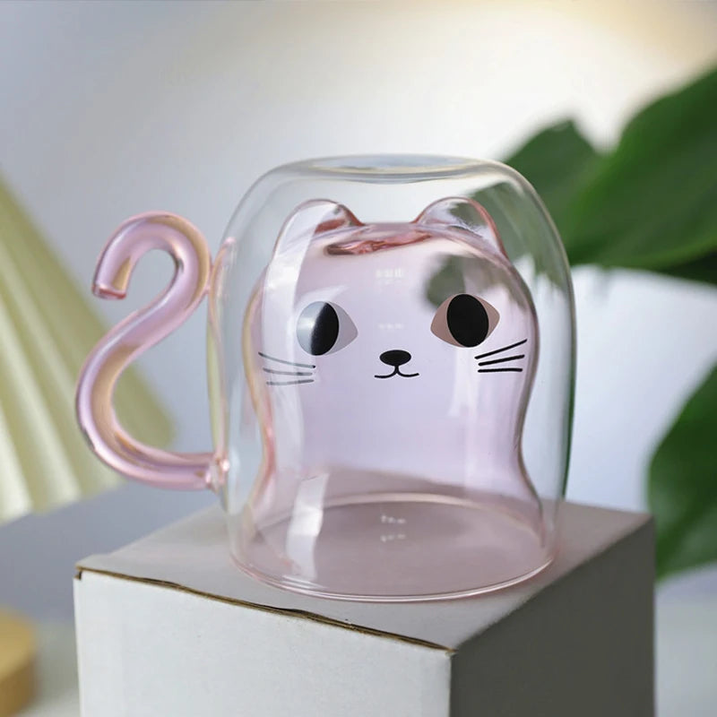 Creative Cute Cat Double-layer Coffee Mug Cartoon Couple Teacup Insulated Glass Mugs With Handle Household Office Drinkware