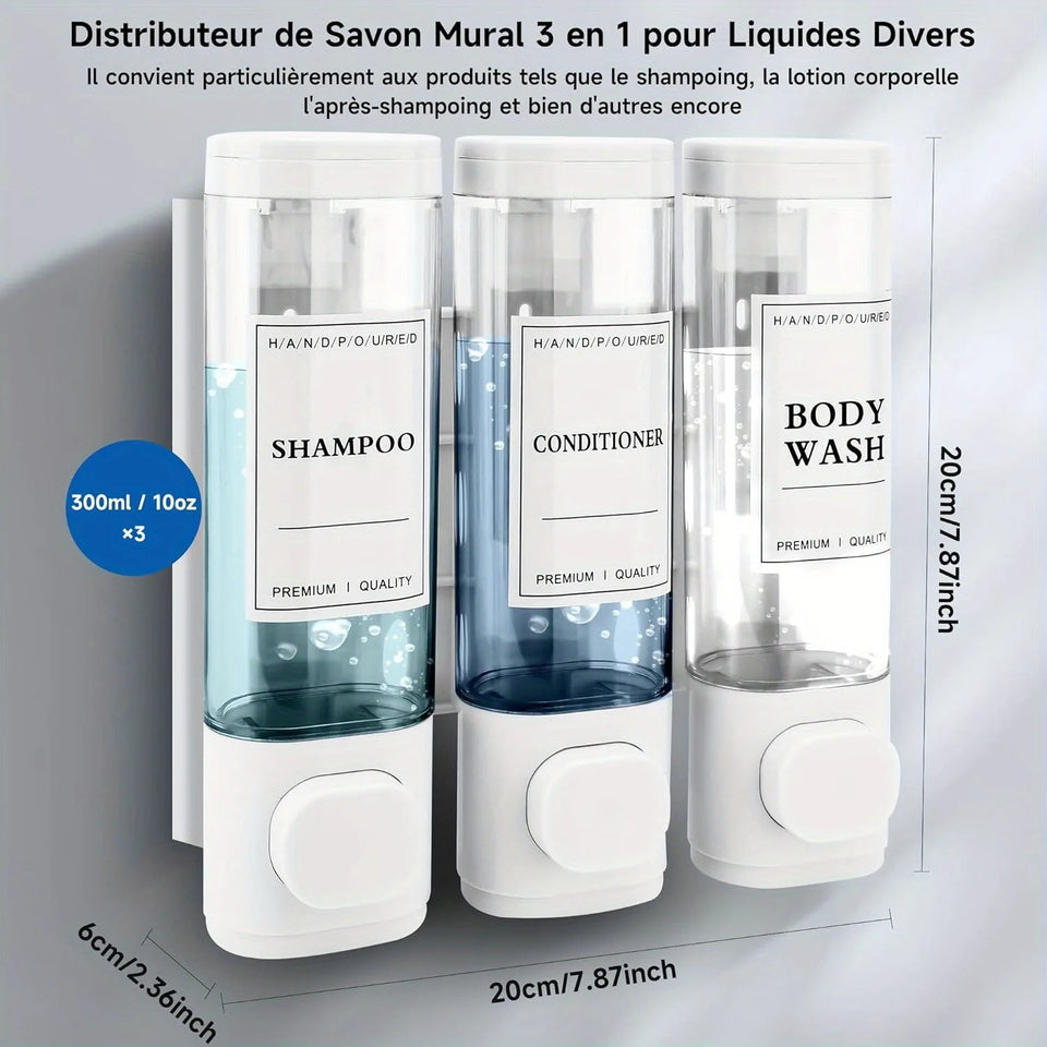 Wall-mounted Soap Dispenser, Shower Gel Dispenser, 3-in-1 Shampoo and Conditioner Dispenser, No Drilling Required, ABS Material,