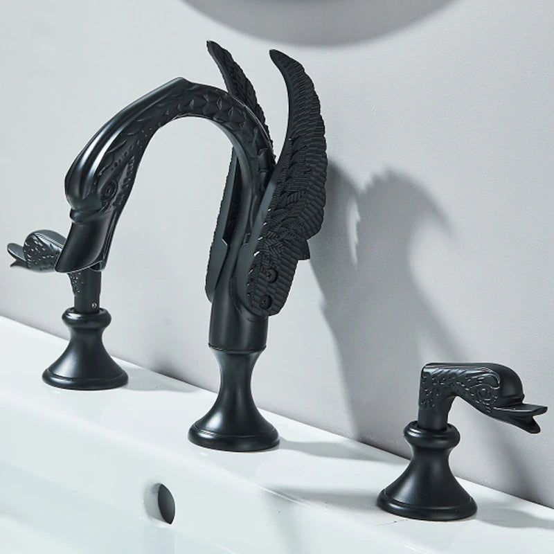 Wanmivezlo Gold Swan Basin Faucet Luxury Deck Mounted Dual Crystal Handle Bathroom Mixer Tap Cold and Hot Water Mixer Faucet