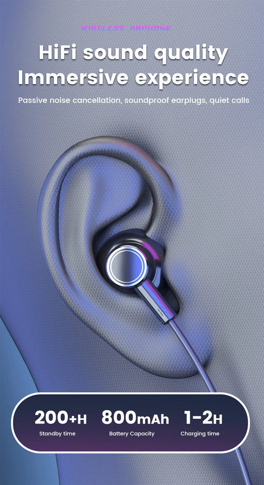VIKEFON Wireless Earphones 5.3 Neckband Headphones Gaming LED Display Stereo Sports Headset Halter Waterproof Magnetic Earbuds