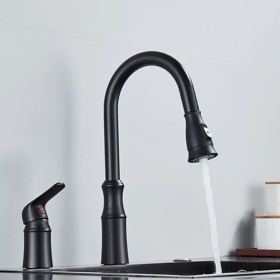 Matte Black Kitchen Sink Faucet with Pull Down Sprayer 1 Handle 2 Hole Mixer Tap Hot and Cold Taps