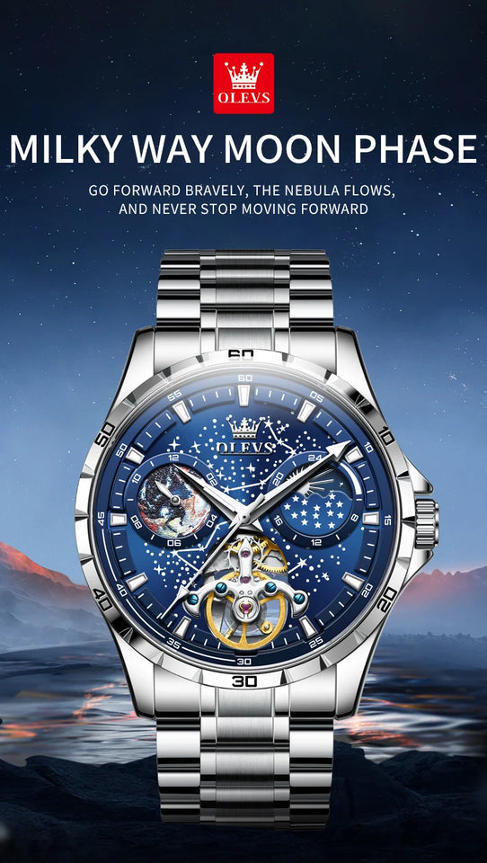 OLEVS 6689 Original Brand Men's Watches Starry Sky Disk Waterproof Luminous Automatic Mechanical Wristwatch Moon Phase Man Watch