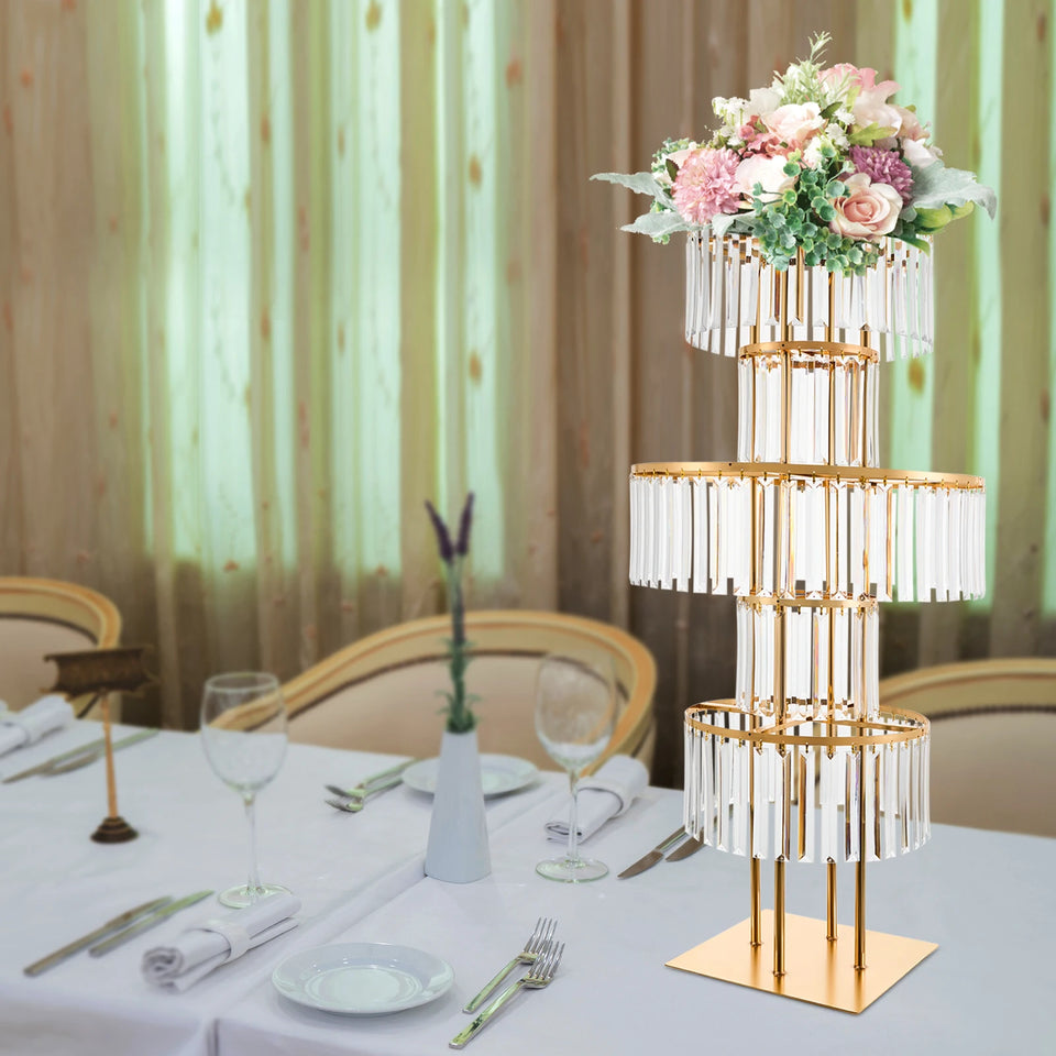 5 Tiers Gold/Silver Wedding Centerpieces Flower Stand Vase Centerpiece Acrylic Flower Stand with Hanging Acrylic