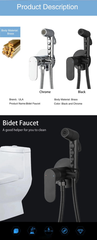 ULA Brass Bidet Faucet Black Toilet Faucet Handheld Toilet Bidet Sprayer Set Hygienic Shower Hot Cold Water Mixer Shower Head