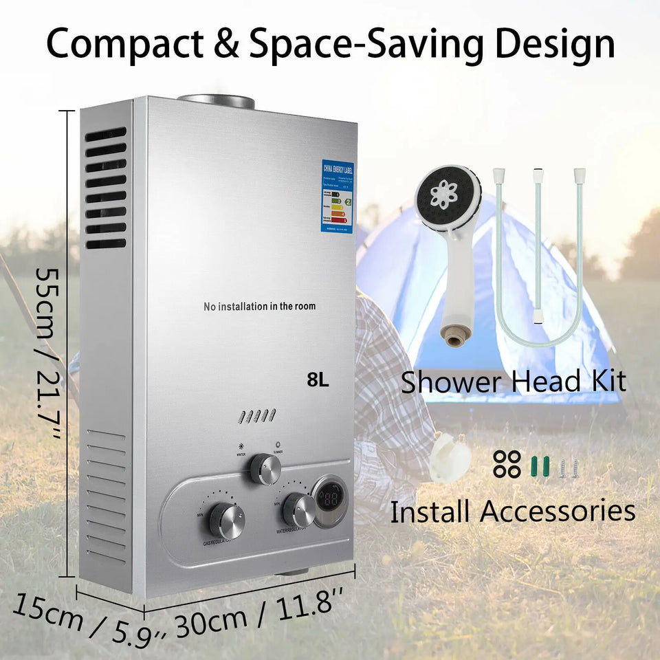 Sihao LPG Gas Hot Water Heater 6L-18L Tankless Instant Butane Propane Gas Boiler With Shower Kit LCD Display For Home Camping ﻿