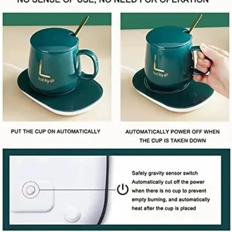 A1 55℃ Smart Heated Coffee Mug Set with Warmer Pad, Auto Keep Warm, Cute Design, Perfect Gift for Office Workers, All-Season Use