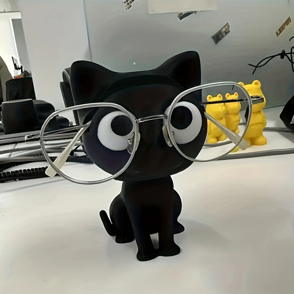 Cute Black Cat Glasses Holder Fashion Eyeglass Stand with Sitting Kitten Pose Adorable Desk Organizer for Home Office Room Decor