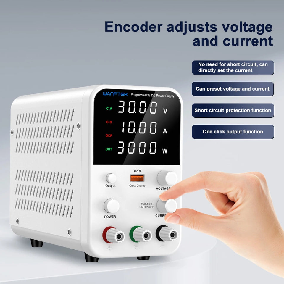 Wanptek Adjustable DC Power Supply 30V 60V 5A 10A Lab Bench Power Supply USB Interface Fast Charging Preset Voltage and Current