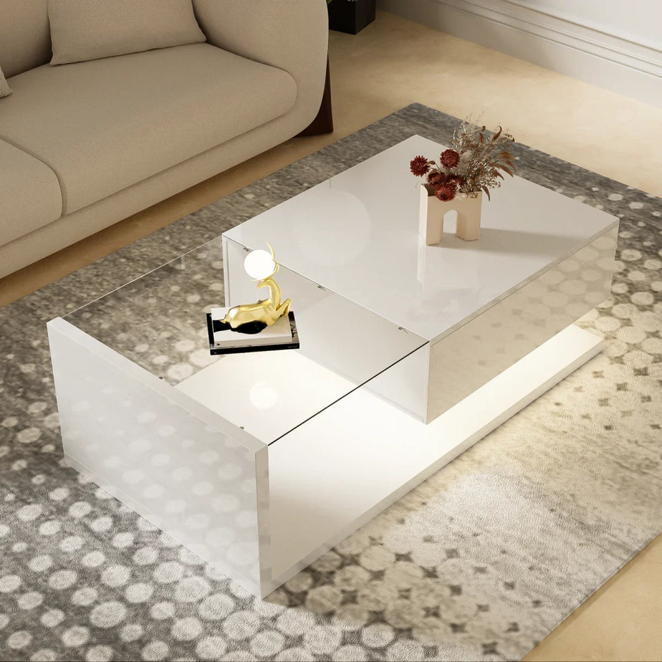 Rosahqnda coffee table side tables coffee table tables with glass and LED effect, high gloss white