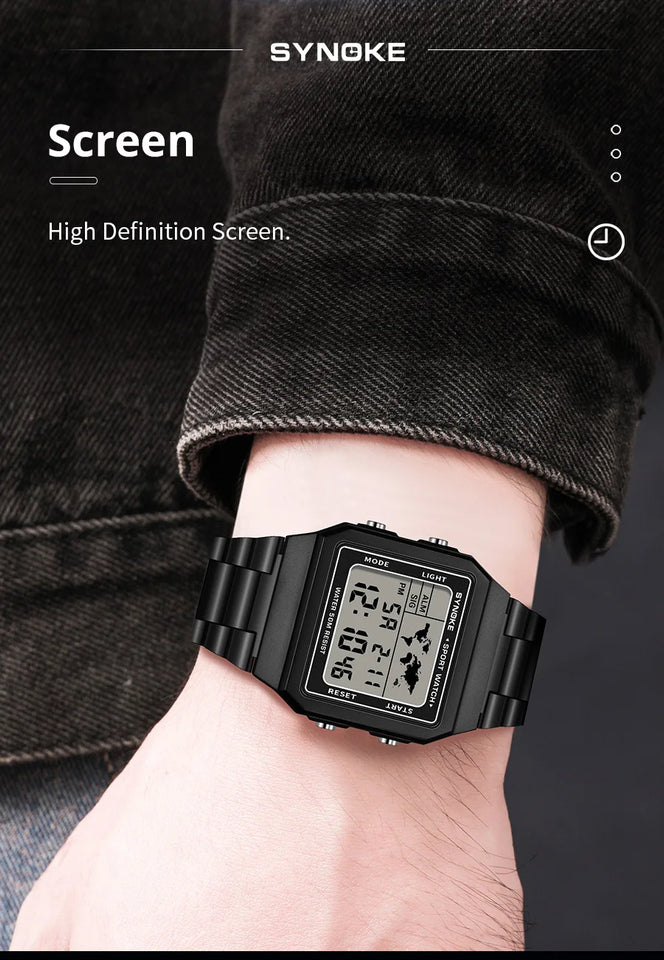 SYNOKE Stainless Steel watchband Chrono Sport Watches Men Back Light Display Digital Wristwatch Waterproof plastic watch case