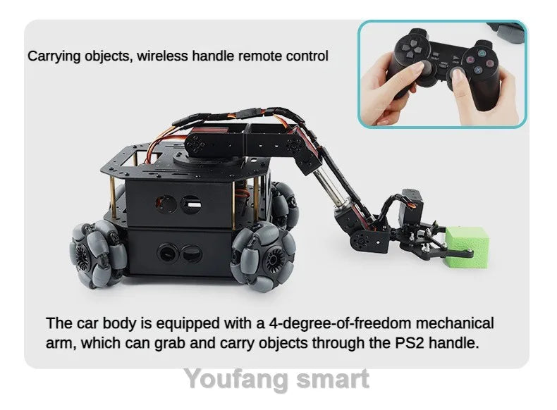 4 Dof Robotic Arm with 4WD Car Omni Wheel Obstacle Avoidance Motor Servo RC Car for Arduino Robot DIY Kit Ps2 Programmable Robot