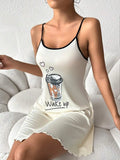 New Womens Summer Cute Coffee Letter Print Sleep Dress Spaghetti Strap Mini Cami Nightgown Lettuce Hem Contrast Trim Loungewear