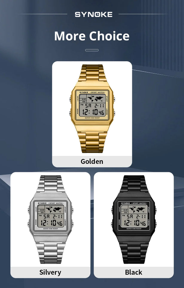 SYNOKE Stainless Steel watchband Chrono Sport Watches Men Back Light Display Digital Wristwatch Waterproof plastic watch case