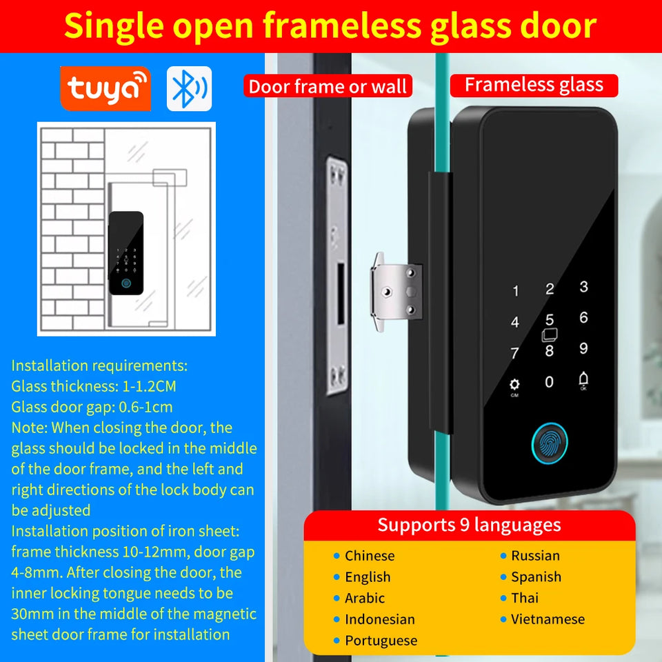 Bluetooth Electronic Glass LOCK Fingerprint Recognition Smart Lock Tuya APP Rfid Card Biometric Unlock for Glass Door Lock