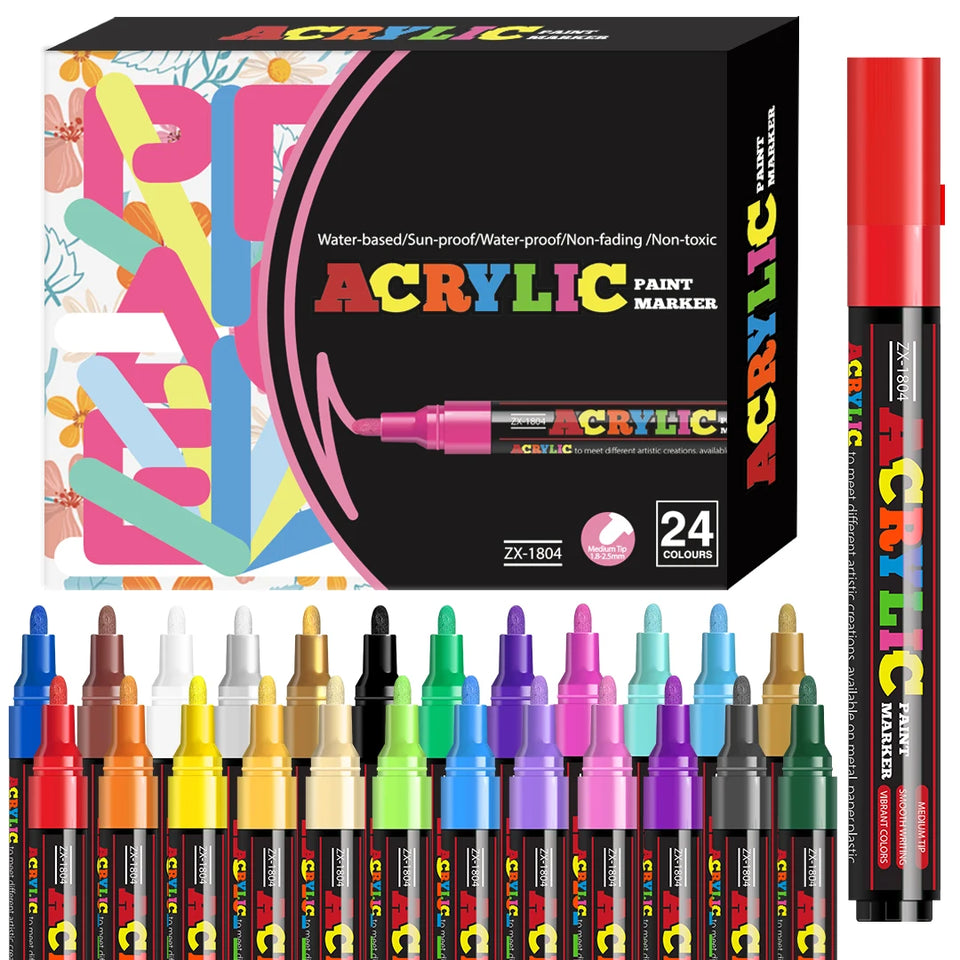 12/18/24 Vibrant Acrylic Marker Set, Medium Tip (2-3mm) Suitable for Rock Painting, Black Paper, and Skateboard Decoration