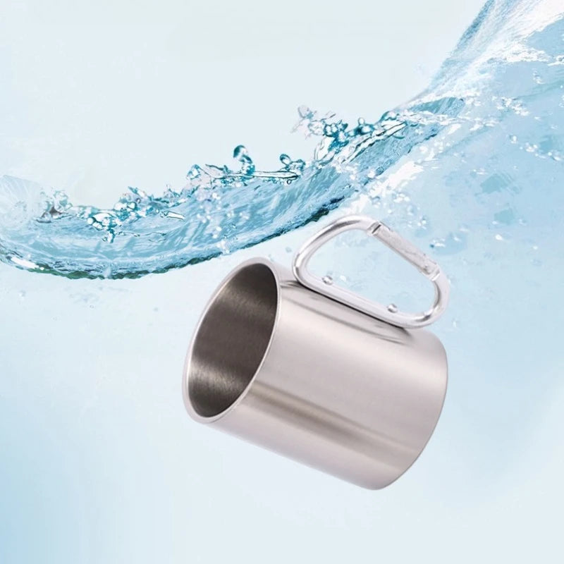 Stainless Steel Mountaineering Water Cup Button Coffee Camping Mug with Carabiner Handle Climbing Hiking Backpacking Travel Cups