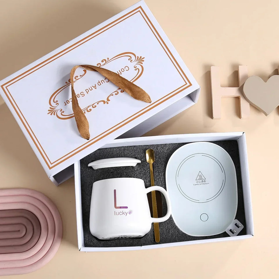 A1 55℃ Smart Heated Coffee Mug Set with Warmer Pad, Auto Keep Warm, Cute Design, Perfect Gift for Office Workers, All-Season Use