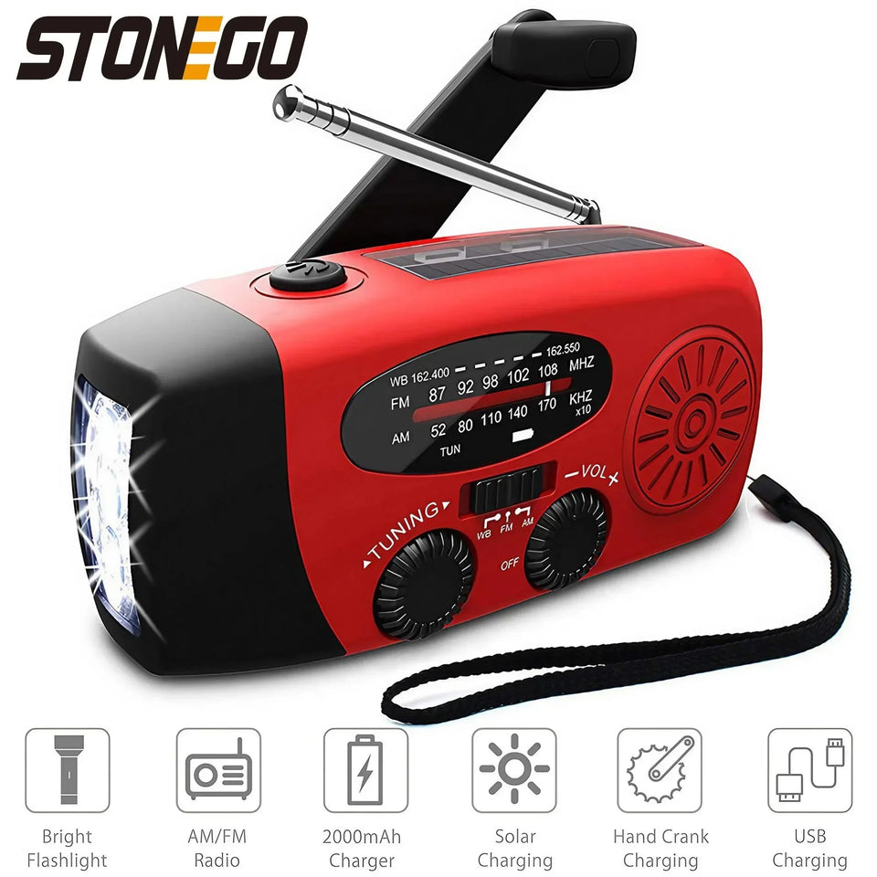 STONEGO Emergency Radio Solar Power Hand Crank Radio Global Receiver High Quality LED Torch Reading Light SOS Alarm 2000mAh