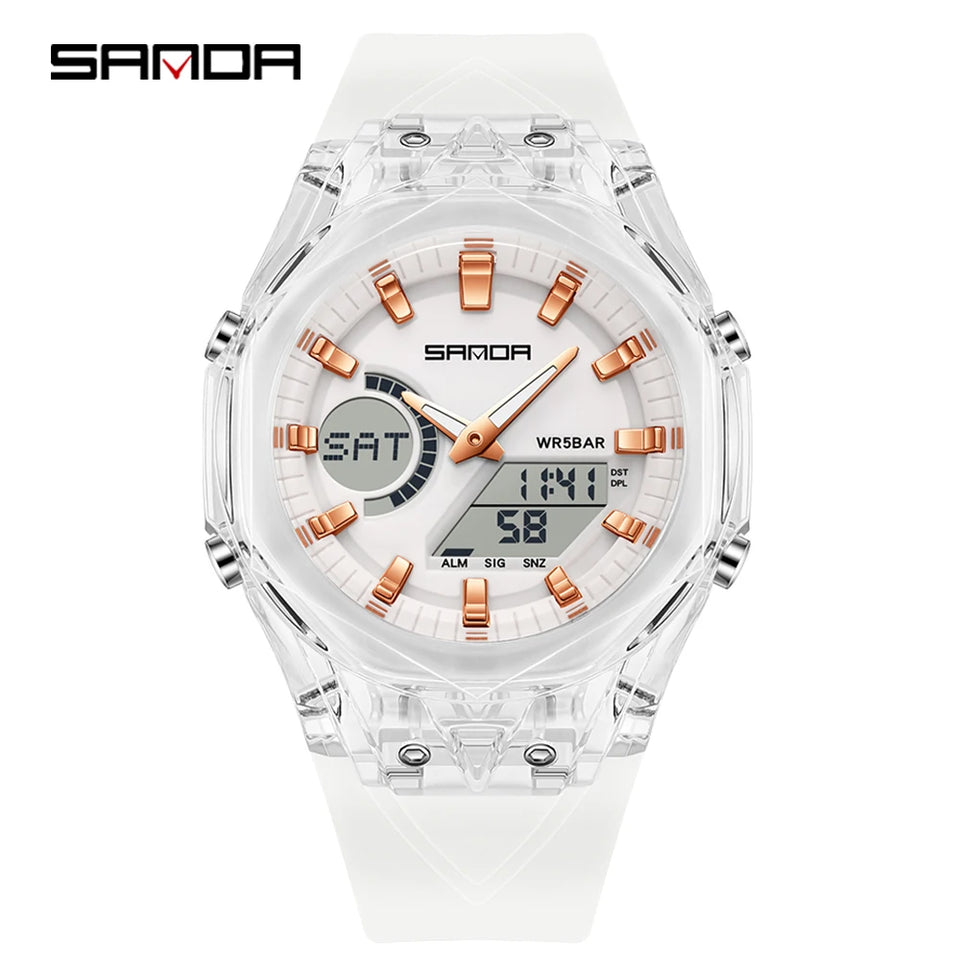 SANDA Top New 6283 Dual Display Multifunctional Student Electronic Watch Alarm Clock Night Light Waterproof Sports Student Watch