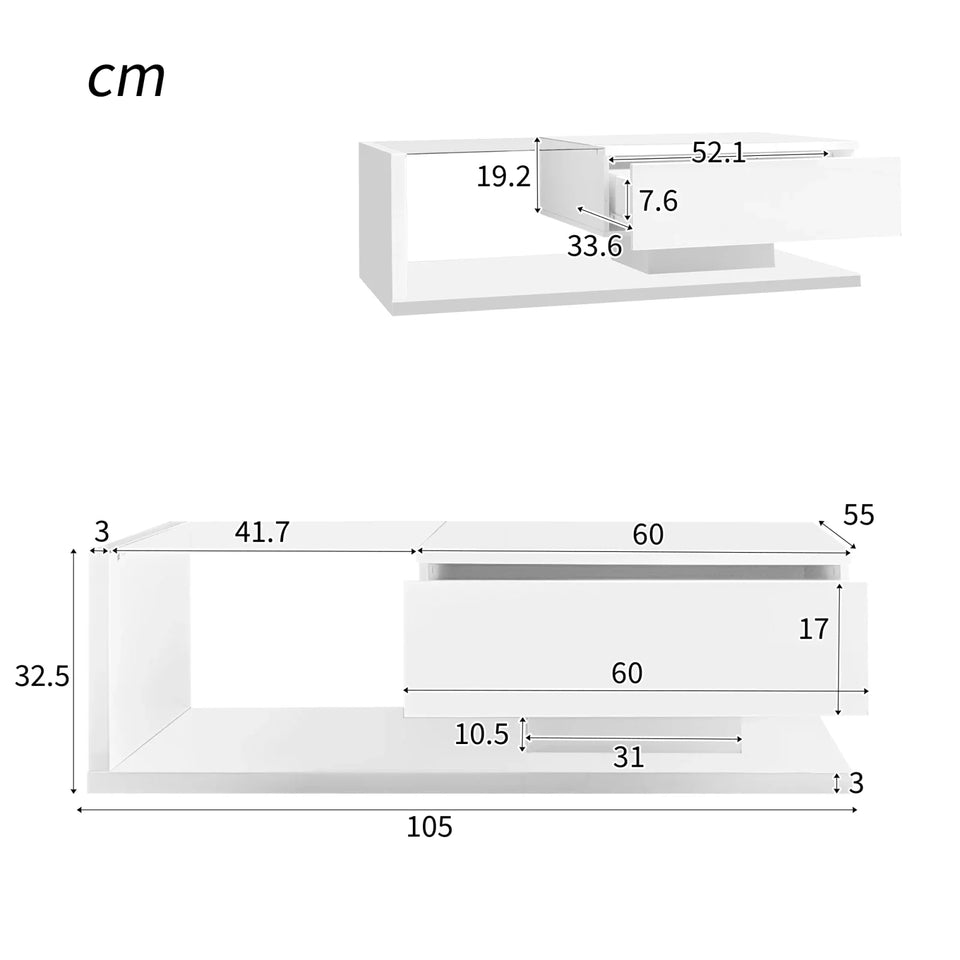 Rosahqnda coffee table side tables coffee table tables with glass and LED effect, high gloss white