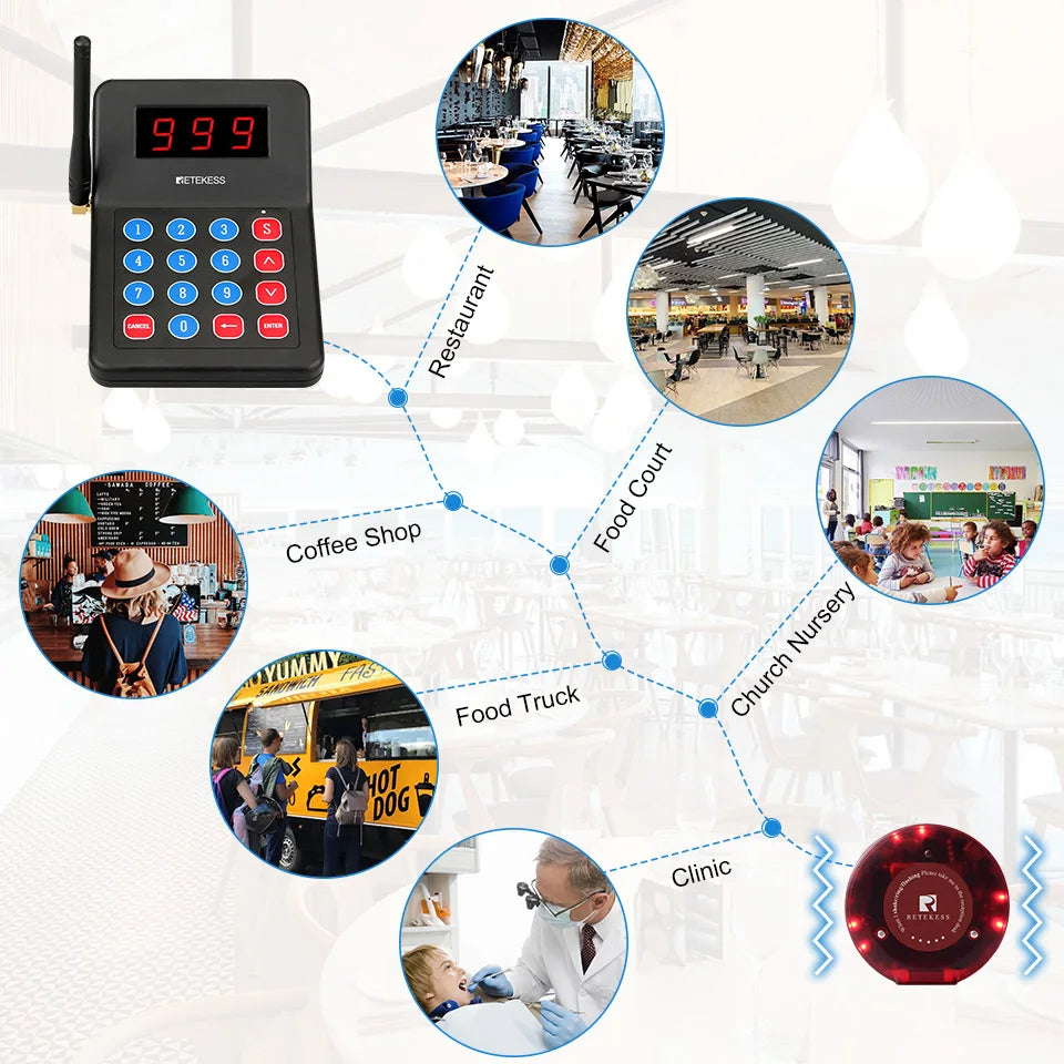 RETEKESS T119 Wireless Restaurant Paging System Coaster Vibrater Buzzer Receiver 2-Way Charge for Cafe Food Trucks