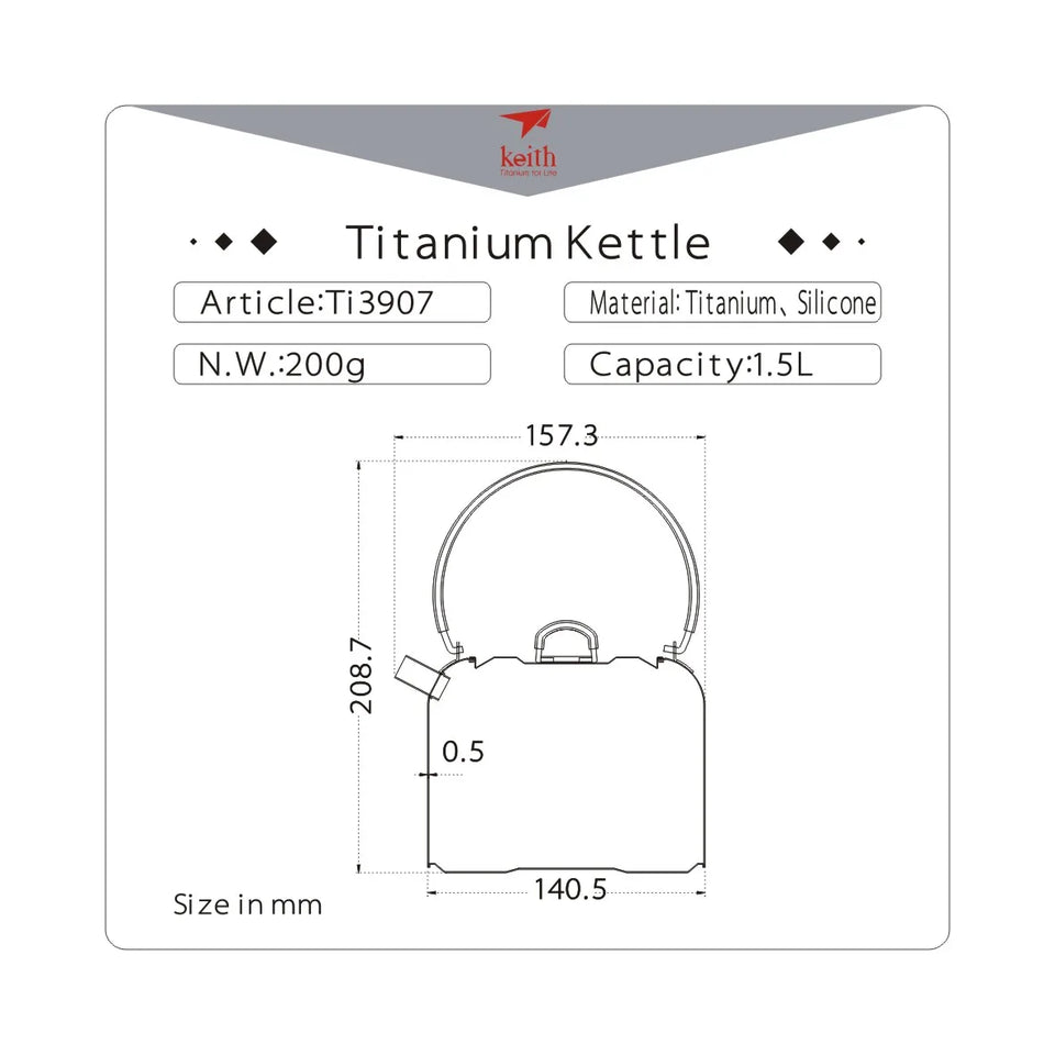 Keith Titanium Kettle 1.5L Camping Picnic Cookware Titanium Teapot Ultralight Outdoor Camping Coffee Pot With String BagTi3907