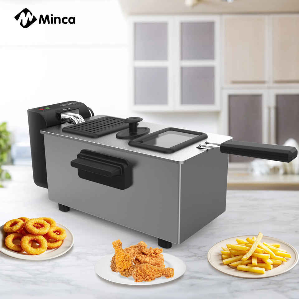 M Minca 3L Electric Deep Fryer with Hooked Fry Basket - 1500W Stainless Steel & Enamel Inner Pot, Adjustable Temperature Control