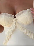 Fashion Patchwork Lace Bag Strap Tops Strapless Women's Beige White Dress Summer Elegant Sexy Nightclub Slit Low Breasts Dresses